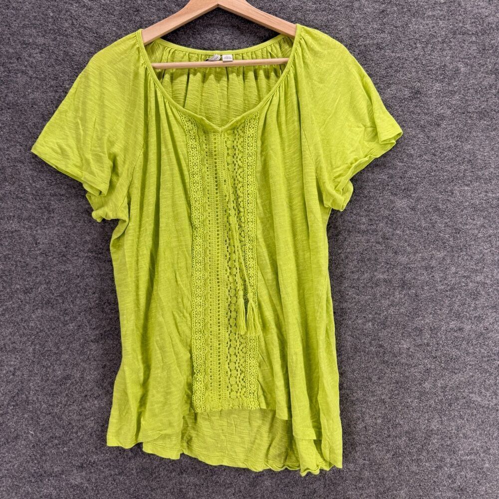 Cato Blouse Women L Large Green Short Sleeve Tasseled Cotton Round Neck Casual